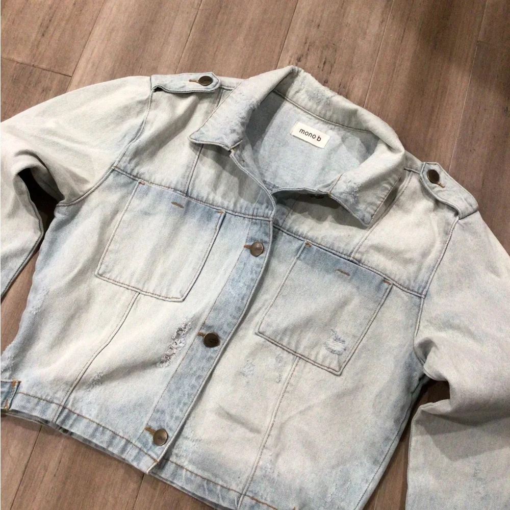 Mono B Vintage Light Wash Cropped Denim Jacket Oversized Streetwear Distressed - Picture 4 of 6